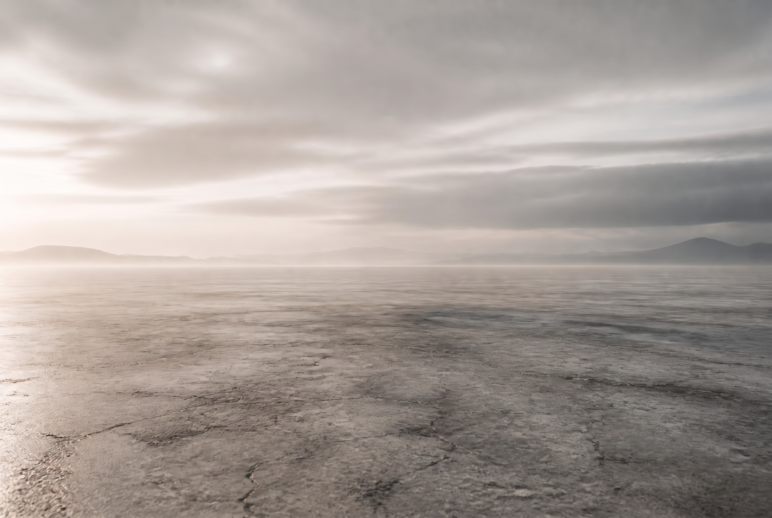 A vast still landscape with a single matte tetrahedron suspended above the horizon.